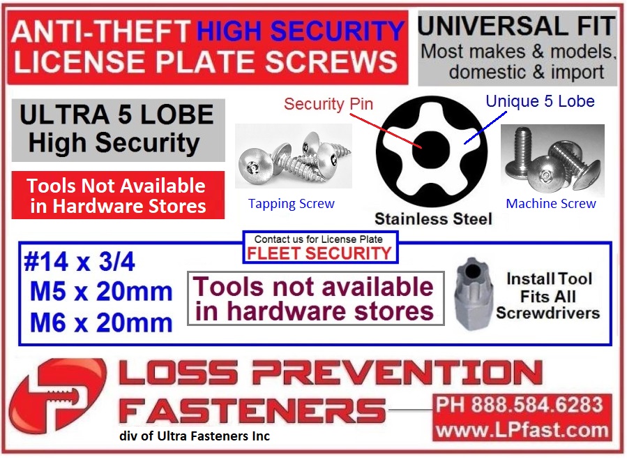 Loss Prevention Fasteners  Anti Theft Screws For License Plate