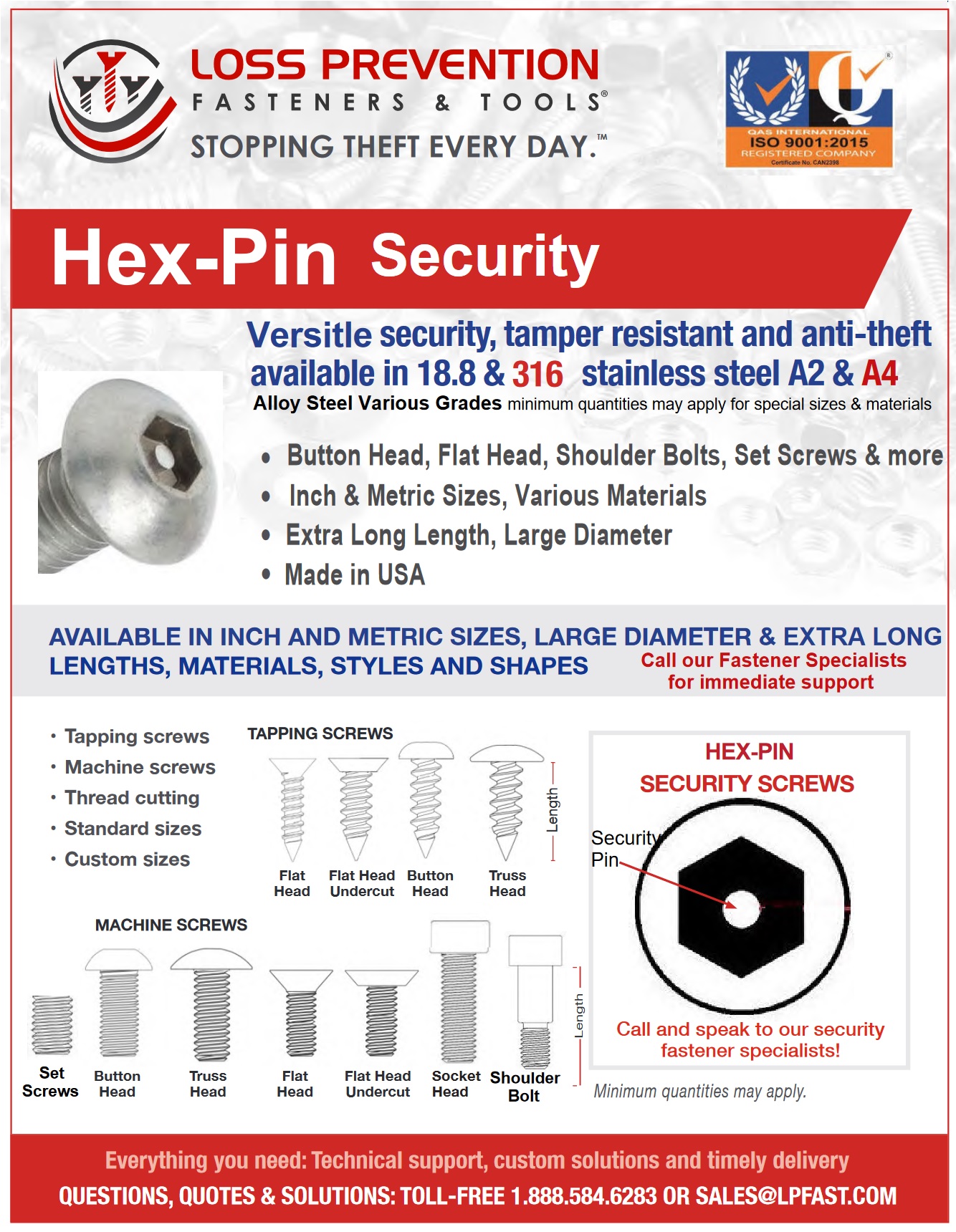 Hex Pin Security Allen screws with pin